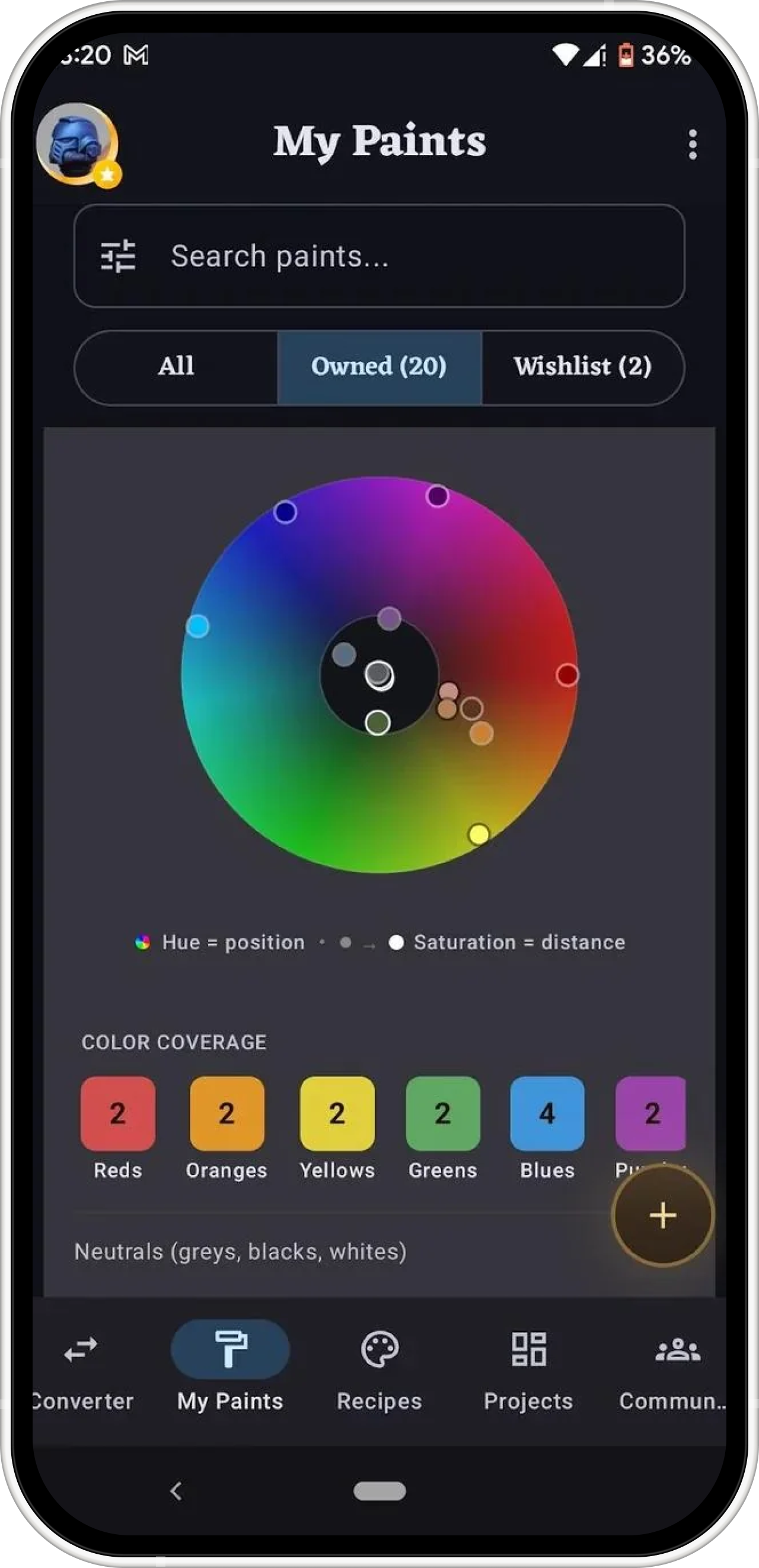 BrushForge Your Palette color wheel showing owned paints by hue