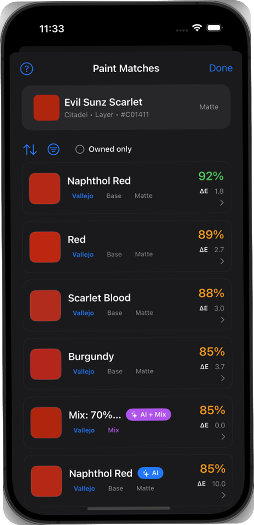 BrushForge list of catalogue paint matches with colour swatches and difference values